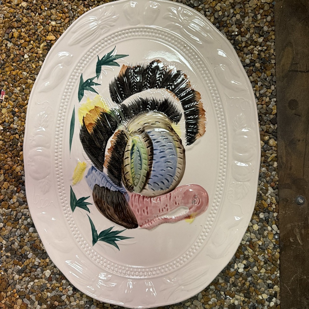 VTG Hand Painted Turkey Platter Made in Japan Thanksgiving Ceramic Serving 18"